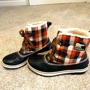 Sorel Waterproof Boots, orange and brown plaid